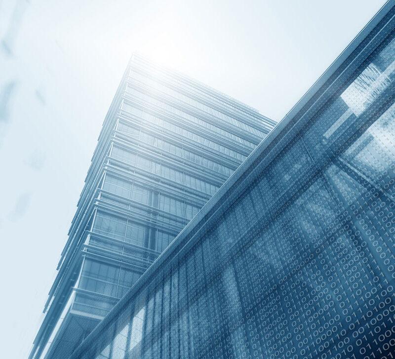 Tall office building detailed with binary code.