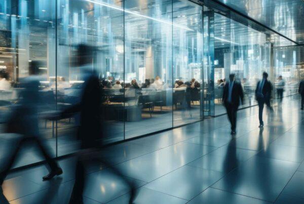 A futuristic office environment with blurred silhouettes of people walking through a glass-walled corridor. Inside the glass-walled conference rooms, people are seated at tables under bright artificial lighting, creating a sleek, modern, and fast-paced atmosphere. Reflections on the glass and polished floors emphasize the contemporary design.