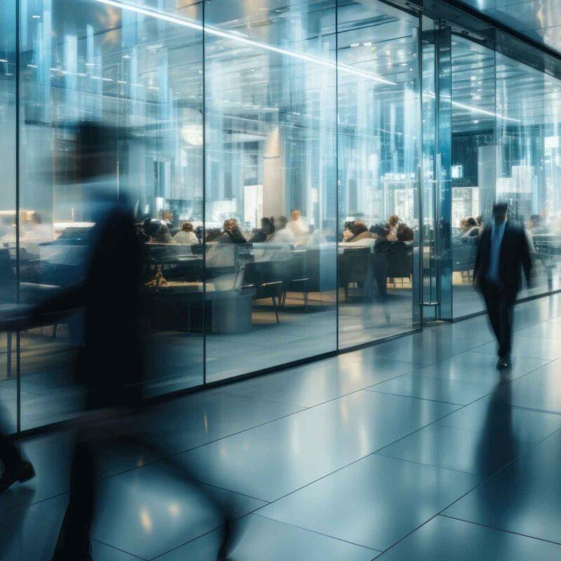 A futuristic office environment with blurred silhouettes of people walking through a glass-walled corridor. Inside the glass-walled conference rooms, people are seated at tables under bright artificial lighting, creating a sleek, modern, and fast-paced atmosphere. Reflections on the glass and polished floors emphasize the contemporary design.